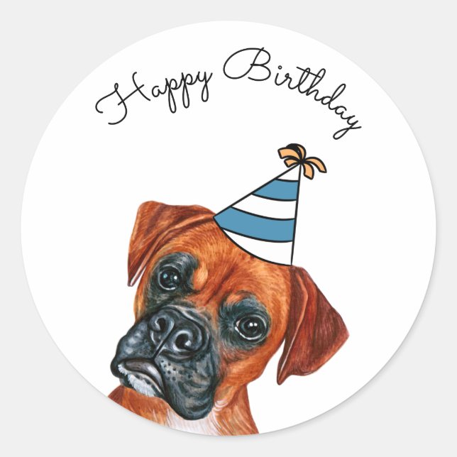 Boxer Hund mit Party Hat Classic Round Sticker (Vorderseite)