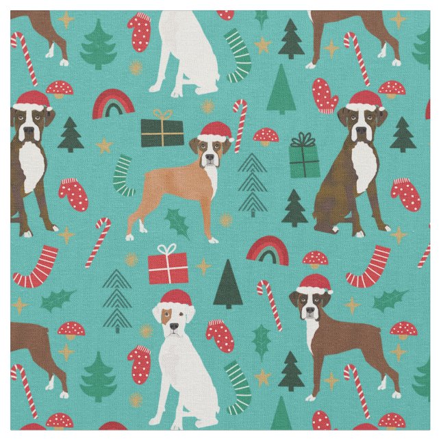 Boxer Hund niedliche Weihnachtsmahlzeiten türkis Stoff (Nahaufnahme)