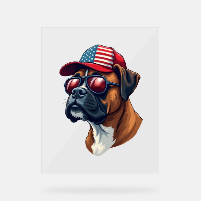 Boxer Hund trägt White Red Blue Acrylschild (Vorderseite)