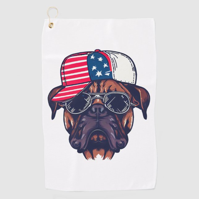 Boxer Hund trägt White Red Blue Golfhandtuch (Vorderseite)