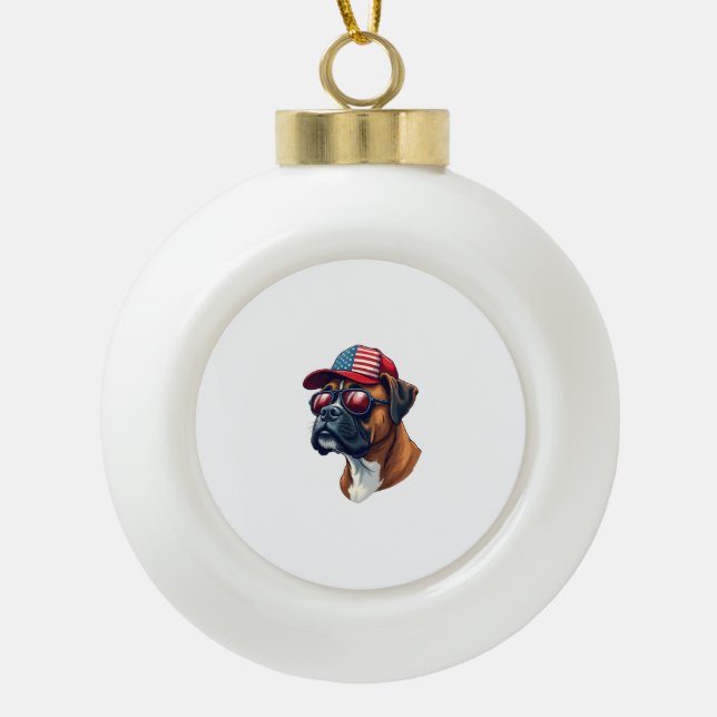 Boxer Hund trägt White Red Blue Keramik Kugel-Ornament (Vorderseite)