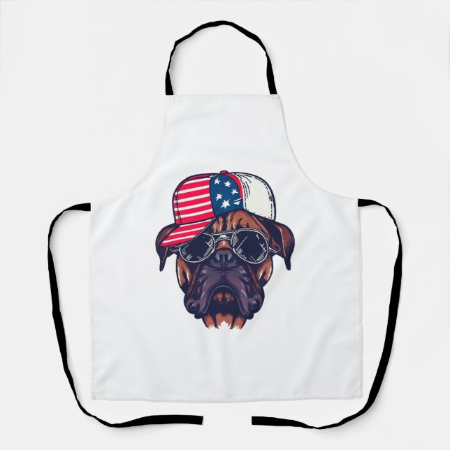 Boxer Hund trägt White Red Blue Schürze (Vorderseite)