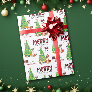 Boxer Hund, Vogel und Weihnachtsbaum Geschenkpapier