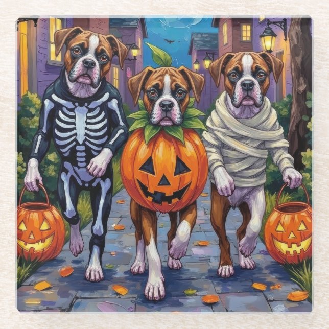 Boxer Hunde Trick-or-Treating in Halloween-Kostüme Glasuntersetzer (Vorderseite)