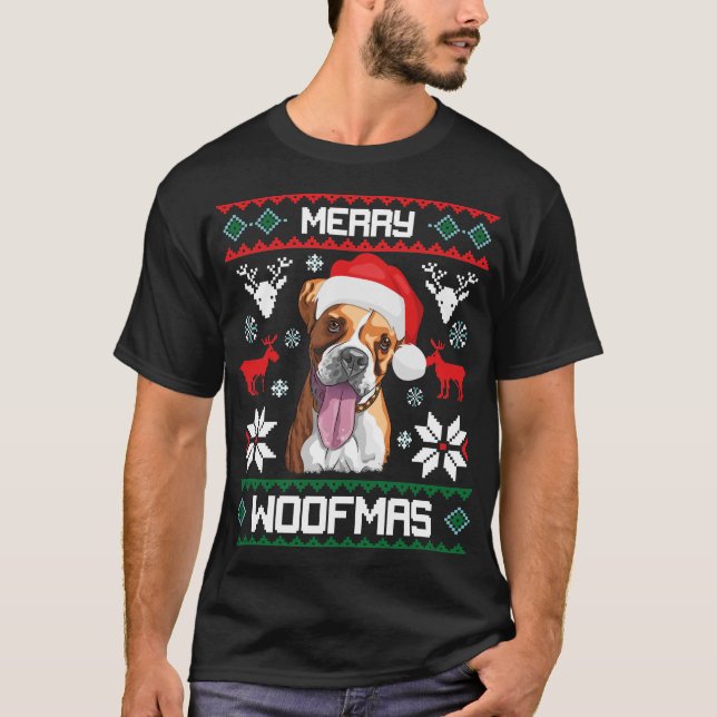 Boxer-Hundfröhliches Woofmas Weihnachtsgeschenk T-Shirt (Vorderseite)