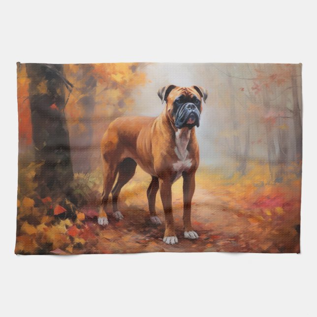 Boxer im Herbst Leaves Fall Inspiriert Geschirrtuch (Horizontal)