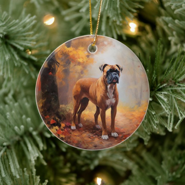 Boxer im Herbst Leaves Fall Inspiriert Keramik Ornament (Baum)