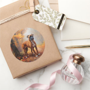 Boxer im Herbst Leaves Fall Inspiriert Runder Aufkleber