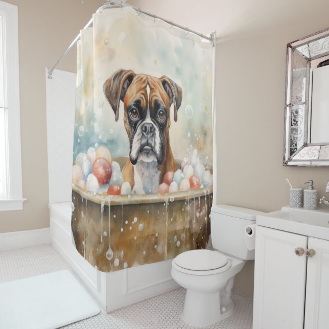 Boxer in der Badewanne Wasserfarben Kunst Duschvorhang (Beispiel)