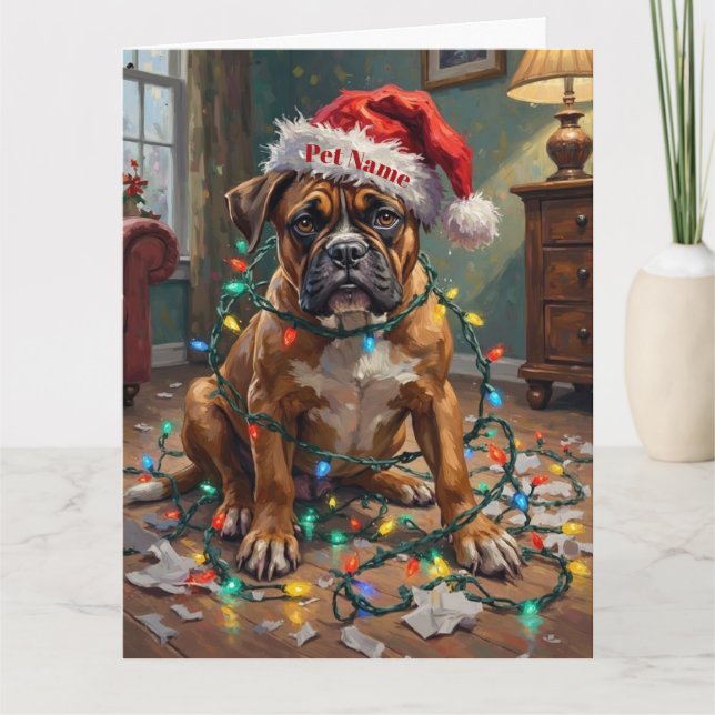 Boxer in Weihnachtslichtern verstrickt schuldig Hu Karte (Vorderseite)