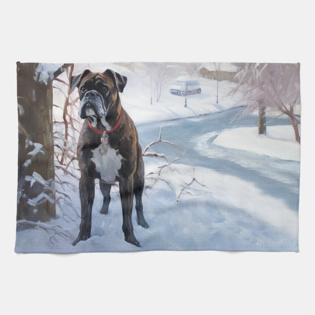 Boxer lässt es Weihnachten schnee Geschirrtuch (Horizontal)