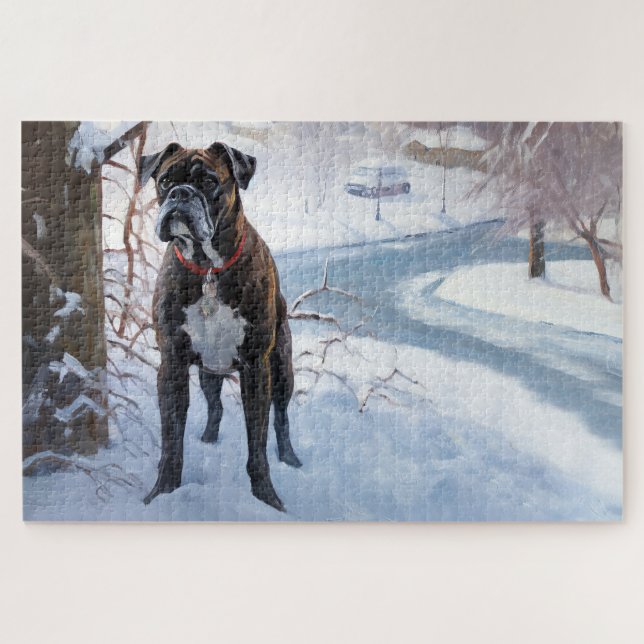 Boxer lässt es Weihnachten schnee Puzzle (Horizontal)