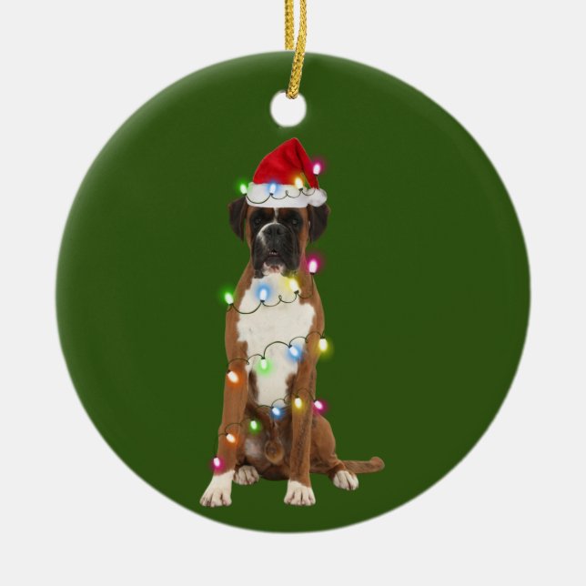 Boxer mit Weihnachts-Scafts Weihnachtsmannmütze Ge Keramik Ornament (Vorne)