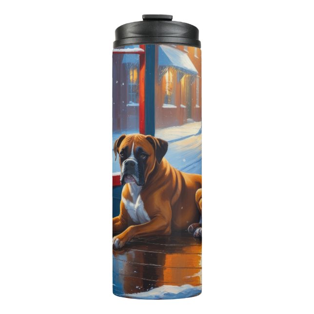 Boxer mit Weihnachtsbeleuchtung Urlaub Thermosbecher (Vorderseite)