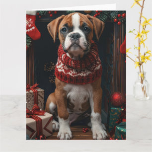 Boxer mit Weihnachtsgeschenken Feuerplatz Karte