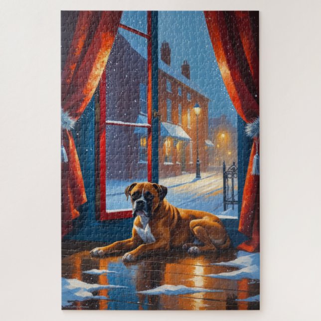Boxer mit Weihnachtslichtern Urlaub Puzzle (Vertikal)