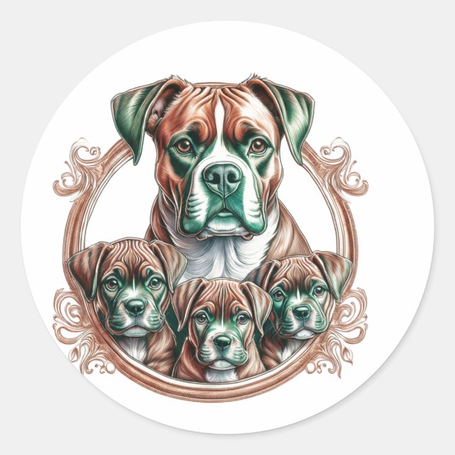 Boxer-Mutter und ihre 3 Welpen Runder Aufkleber (Vorderseite)
