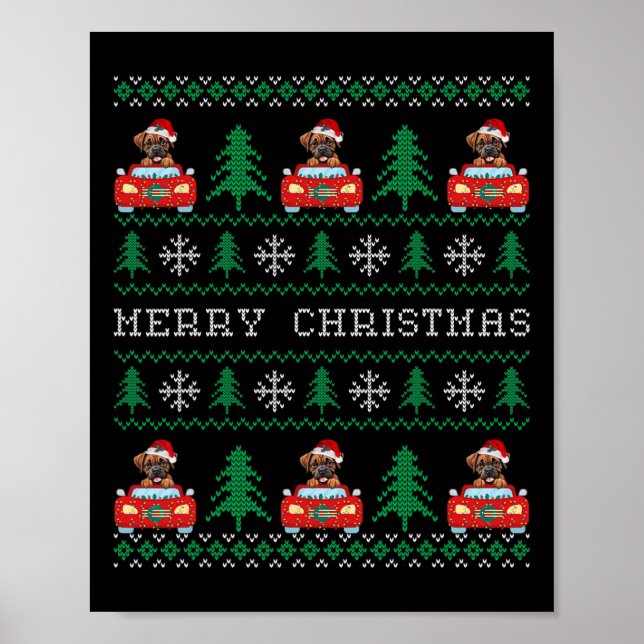 Boxer Riding Red Car Ugly Christmas Sweater Dog Poster (Vorne)