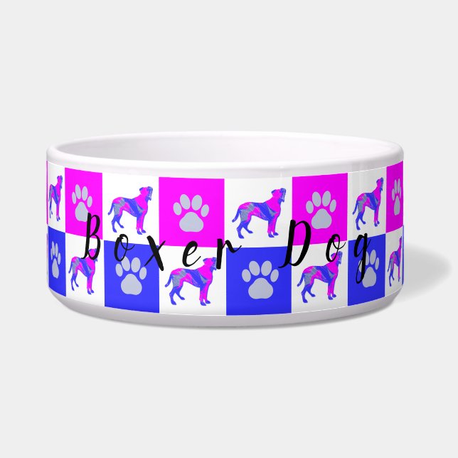 Boxer Silhouette Hund & Paw Hot Pink und Blue Bowl Napf (Vorderseite)