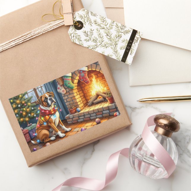 Boxer Sitting by Fireplace with Christmas Lights Rechteckiger Aufkleber (Schenken)