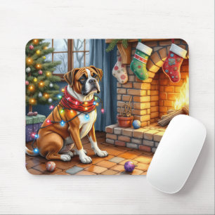 Boxer sitzt neben dem Kamin mit Weihnachtsbeleucht Mousepad