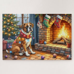 Boxer sitzt neben dem Kamin mit Weihnachtslichtern Puzzle