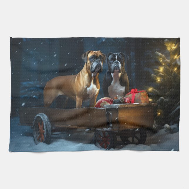 Boxer Snowy Sleigh Weihnachtsdekor Geschirrtuch (Horizontal)