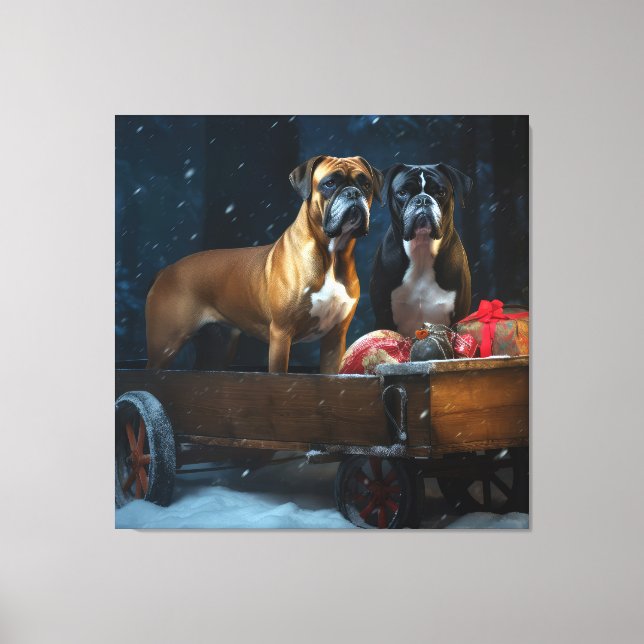 Boxer Snowy Sleigh Weihnachtsdekor Leinwanddruck (Vorderseite)