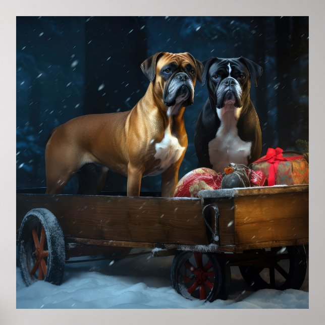 Boxer Snowy Sleigh Weihnachtsdekor Poster (Vorne)
