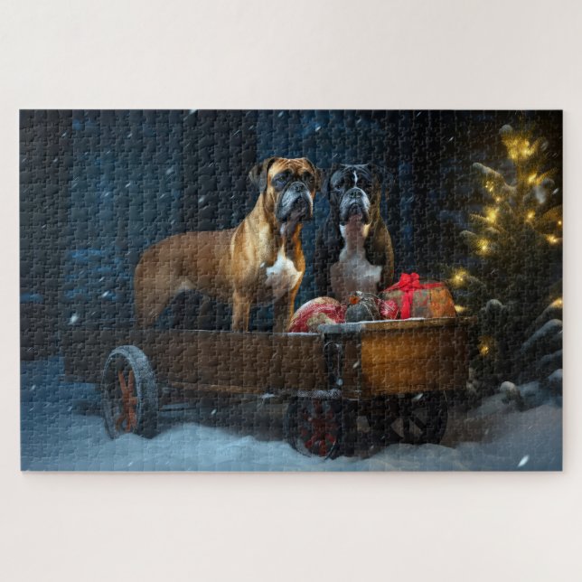 Boxer Snowy Sleigh Weihnachtsdekor Puzzle (Horizontal)