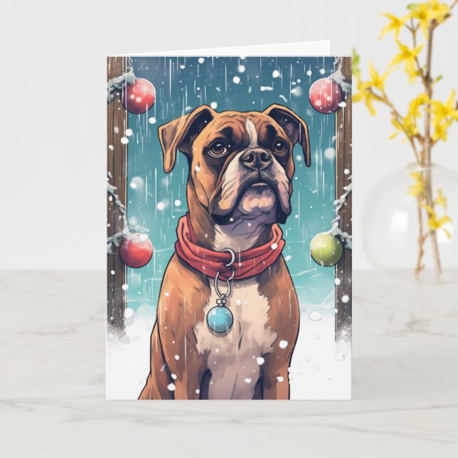 Boxer spielen mit Weihnachtsbaumchen im Schnee Karte (Gelbe Blume)