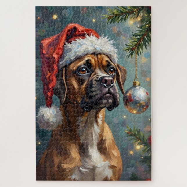 Boxer spielt mit Weihnachten Puzzle (Vertikal)