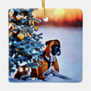 Boxer unter Weihnachtsbaum Keramikornament