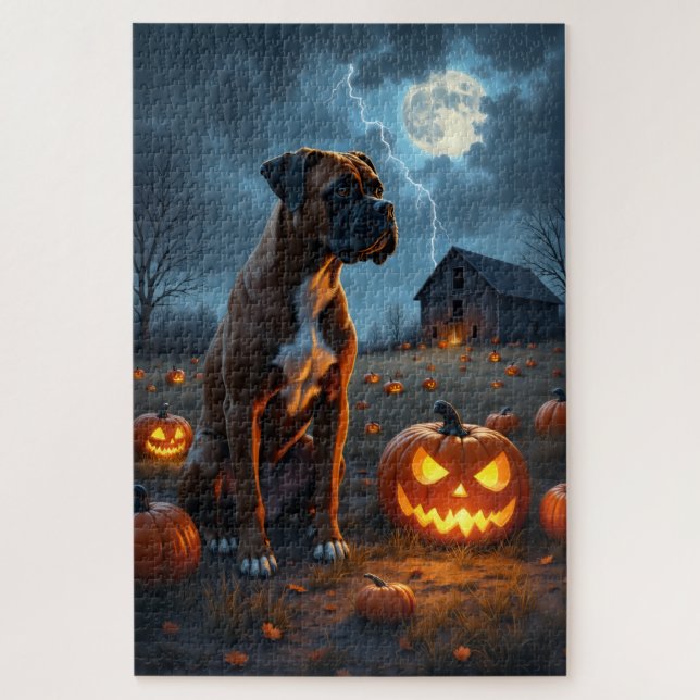 Boxer Verlassener Kürbisacker Halloween Kunst Puzzle (Vertikal)