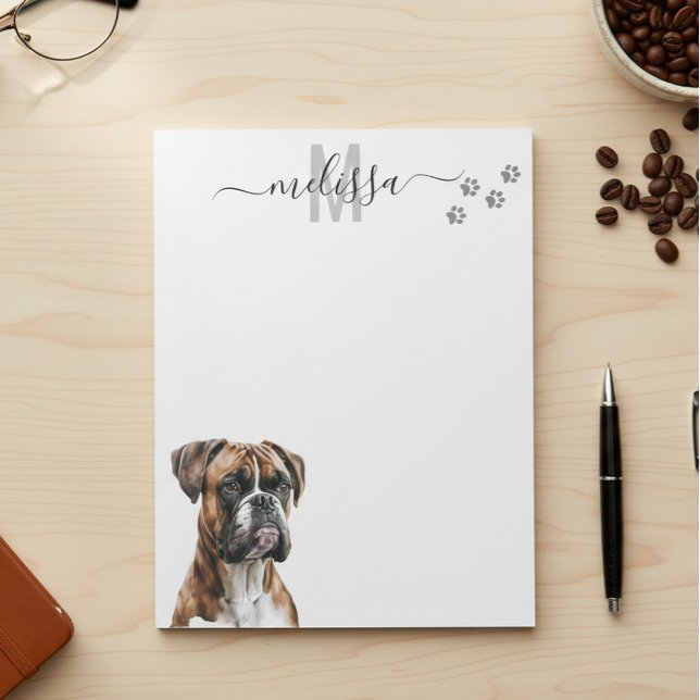 Boxer Watercolor Monogram Personalisiert Notizblock (Von Creator hochgeladen)