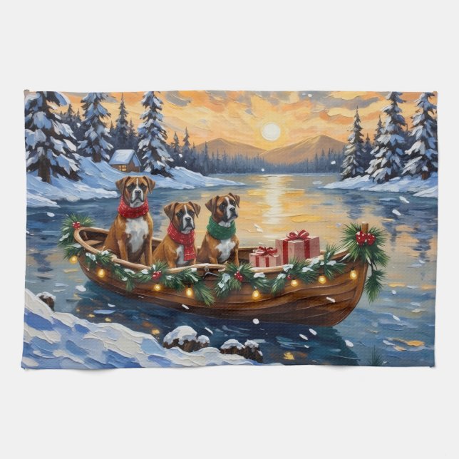 Boxer Weihnachtsboot-Feiertag Geschirrtuch (Horizontal)