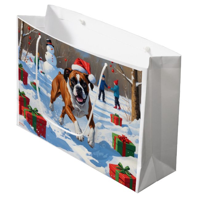 Boxer Weihnachtsfest Schneeszene Große Geschenktüte (Vorderseite Schrägansicht)