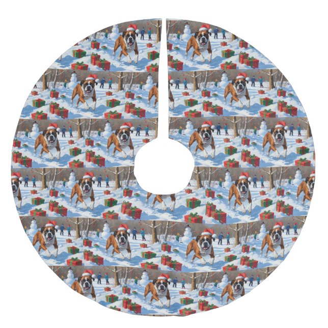 Boxer Weihnachtsfest Schneeszene Polyester Weihnachtsbaumdecke (Vorderseite)