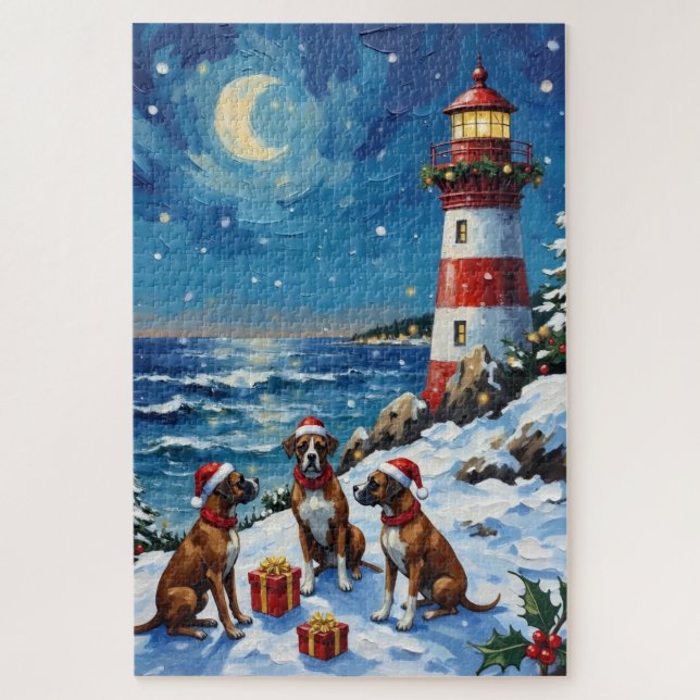 Boxer Weihnachtsleuchtturm Urlaub Puzzle (Vertikal)