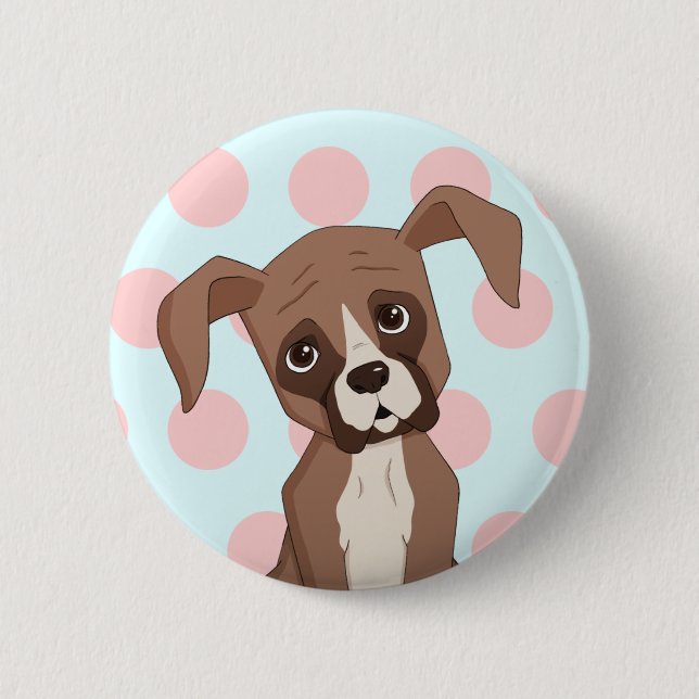 Boxer Welpe auf Pink Polka Dots Button (Vorderseite)