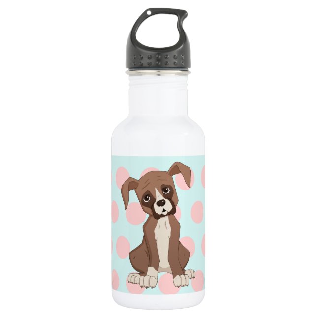 Boxer Welpe auf Pink Polka Dots Edelstahlflasche (Vorderseite)