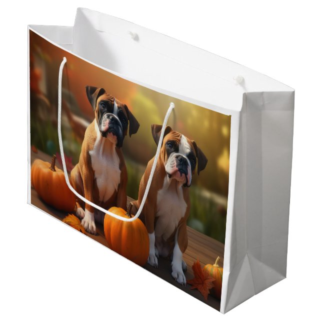 Boxer Welpe Autumn Delight Pumpkin Große Geschenktüte (Vorderseite Schrägansicht)