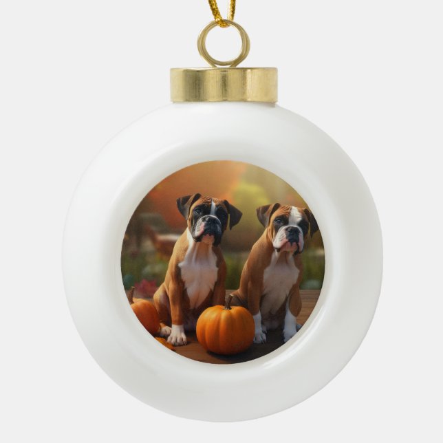 Boxer Welpe Autumn Delight Pumpkin Keramik Kugel-Ornament (Vorderseite)
