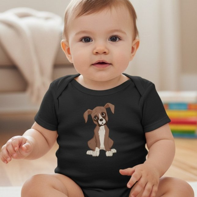 Boxer Welpe Baby Strampler (A baby wearing a cartoon boxer puppy portrait onesie in black, perfect for dog loving families.)