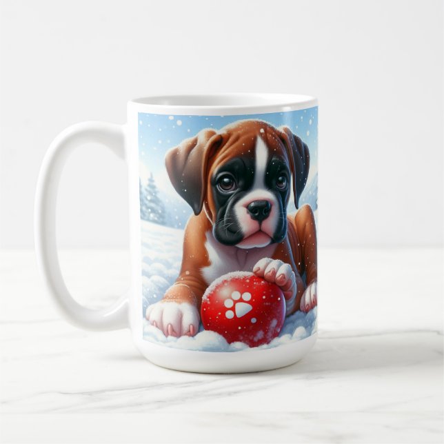 Boxer Welpe im Schnee mit Red Toy Ball Kaffeetasse (Links)
