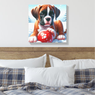 Boxer Welpe im Schnee mit Red Toy Ball Leinwanddruck