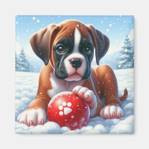 Boxer Welpe im Schnee mit Red Toy Ball Magnet