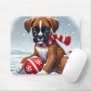 Boxer-Welpe in schneelandschaft hält einen Ball Mousepad