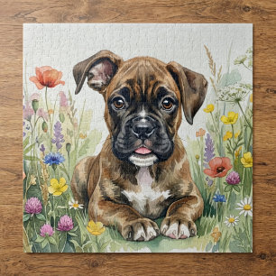 Boxer-Welpe mit Wasserfarben-Blumen Puzzle