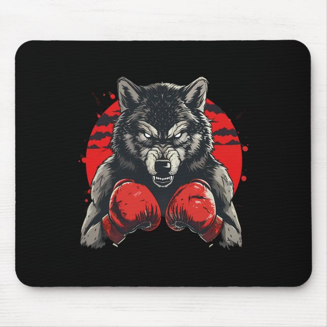 Boxer Wolf Mit Boxhandschuhen Kickboxen Lustiger B Mousepad (Vorne)